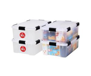 Iris Ohyama 4 Cajas herméticas de plástico con tapa y cierres a presión, 30L, Transparente, sello impermeable, apilables, antipolvo, para ropas, camping, exteriores, cubo de almacenaje, box, AT-LS