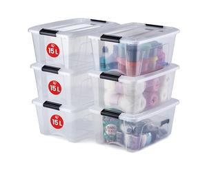 Iris Ohyama 6 Cajas de almacenamiento con tapas, 15L, Transparente, Clips de Cierre, Duradero, Apilable, para Dormitorio, Armario, Oficina, Organizadora, Ropa, Libre de BPA, NTB-15
