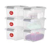 Iris Ohyama 6 Cajas de almacenamiento con tapas, 5L, Plata, Clips de Cierre, Duradero, Apilable, para Dormitorio, Armario, Oficina, Organizadora, Ropa y Zapados, Libre de BPA, NTB-5