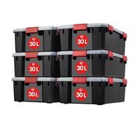Iris Ohyama 6 Cajas herméticas de plástico con tapa y cierres a presión, 30L, Negro, sello impermeable, apilables, antipolvo, para ropas, camping, exteriores, cubo de almacenaje, box, AT-LS