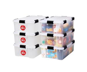 Iris Ohyama 6 Cajas herméticas de plástico con tapa y cierres a presión, 30L, Transparente, sello impermeable, apilables, antipolvo, para ropas, camping, exteriores, cubo de almacenaje, box, AT-LS