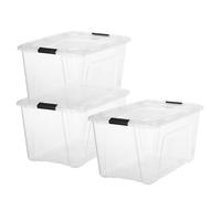 Iris Ohyama, Boite Rangement Plastique avec Couvercle, 45L, Lot de 3, Transparent, 98% en Plastique Recyclé, Clips de Fermeture, Poignée, Empilable, pour Chambre, Dressing, Bureau, Sans BPA, BSB-45