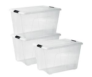 Iris Ohyama, Boite Rangement Plastique avec Couvercle, 60L, Lot de 3, Transparent, Clips de Fermeture, Poignée, Empilable, pour Chambre, Dressing, Bureau, Sans BPA, Caisse de Rangement, Bac, NTB-60