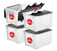 Iris Ohyama, Caja de almacenaje de plástico con tapa de mariposa, 48L, Lote de 4, transparente, sin BPA con asas, apilar y anidar, organización sólida, dormitorio, vestidor, oficina, CWL-48
