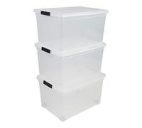 Iris Ohyama, Caja de almacenamiento de plástico, Caja de almacenamiento de oficina de 50 l, Lote de 3, NCS-320, Transparente, Apilable, Clips de cierre- A54 x F39,5 x A30,5 cm