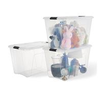 Iris Ohyama, caja de almacenamiento de plástico con tapa, 55L, juego de 3, transparente, 98% de plástico reciclado, clips de cierre, asa, apilable, para dormitorio, vestidor, oficina, sin BPA, BSB-55