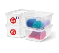 Iris Ohyama, Caja de Almacenamiento de Plástico Multiusos, 13L, Juego de 4, Transparente, Cierre Fácil, Apilable, para Dormitorio, Cocina, Oficina, Baño, Ropa, Juguetes, Sin BPA, CNL-13E