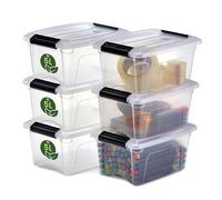 Iris Ohyama, caja de almacenamiento de plástico pequeña con tapa, 5L, juego de 6, transparente, 100% de plástico reciclado, clips de cierre, mango, apilable, sin BPA, NTB-5