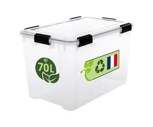 Iris Ohyama, Caja de Almacenamiento Hermética Plástica, 70L, Transparente, Tapa, Junta Impermeable, Clips de Cierre, Apilable, para Exterior, Garaje, Ropa, Antipolvo, Sin BPA, WSB-70
