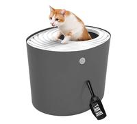 Iris Ohyama - Caja de Arena Grande y Elegante para Gatos con Cuchara, Cubierta ranurada y Paredes de privacidad, Gris Oscuro/Blanco