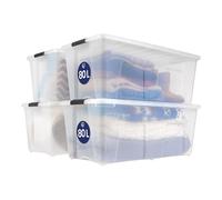 Iris Ohyama, caja grande de almacenamiento de plástico con tapa, 80L, juego de 4, transparente, clips de cierre, asa, apilable, portátil, sólido y duradero, para ropa de cama, vestidor, dormitorio, TB