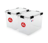 Iris Ohyama Cajas de almacenamiento herméticas de plástico con tapa, 70 l, juego de 2, transparente, cierre hermético impermeable, cierres de clic robustos, apilables, protección contra el polvo, sin