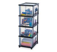 Iris Ohyama, Torre de Almacenamiento de Plástico con Ruedas, 4 Cajones Grandes, Negro, Fácil Apertura, Organizador para Oficina y Dormitorio, Sin BPA, KMC-304