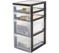 Iris Ohyama Unidad de almacenamiento de plástico con ruedas y 2 cajones profundos y 2 cajones superficiales, Negro, asas de fácil extracción, multiusos, A4, oficina, Torre, Organizador, DC-322