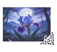 Iris Rompecabezas DIY de Papel Premium de Lirios morados bajo Bosque Iluminado por la Luna, Alivio del estrés Decorativo 38x26cm/1000 Piezas