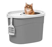 Iris USA - Caja de Arena para Gatos con Cuchara, Bandeja Curvada para Gatitos con Cubierta para atrapar partículas y Paredes de privacidad, Color Gris/Blanco