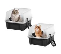 Iris USA - Paquete de 2 Cajas de Arena Grandes para Gatos con Escudo de dispersión y Cuchara, Bandeja de Arena para Gatos de Cara Alta con Parte Superior Abierta, Color Negro
