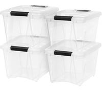 IRIS USA - Paquete de 4 contenedores apilables de plástico duraderos de 18 l con tapas, sin BPA, fabricados en EE. UU., solución de organización, asa de tracción segura para cerrarlos, transparente