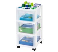 IRIS USA Plastic Drawer Storage Organizer Rolling Cart, with Wheels Casters, 3-Drawers, for Classroom Art Craft Supplies Dresser Closet Bathroom Laundry Room, White/Clear