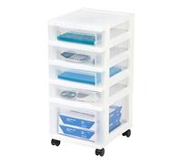 IRIS USA Plastic Drawer Storage Organizer Rolling Cart, with Wheels Casters, 5-Drawers, for Classroom Art Craft Supplies Dresser Closet Bathroom Dorm Bedroom Laundry Room, Flat Smooth Top, White/Clear