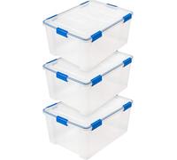 IRIS USA WEATHERPRO - Caja de almacenamiento de plástico de 60 cuartos con tapa duradera y sello y cierre seguro, transparente con hebillas azules, hermética, paquete de 3