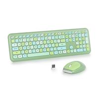 iRoboosta Juego combinado de teclado y mouse inalámbricos de color verde, teclado retro de máquina de escribir de 2.4 GHz, bonito teclado de tamaño completo con teclado numérico, teclados silenciosos