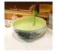 IROEJT Lavabo Redondo de cerámica de Porcelana con diseño de Pintura China sobre encimera, Lavabo artístico con Grifo y desagüe emergente, Lavabo de tocador Verde.