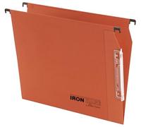 Iron Base® by Bertesi, Paquete de 25 Carpetas Colgantes para Armarios, Visor plástico cristal largo ya montado de 14 cm, Lomo en V, entre ejes 33 cm (A4), Color Naranja, Ref. 064 M Beta -A2