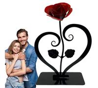 Iron con Soporte - De Aniversario De Hierro En De Corazón, Escultura De Rosa De Metal Rojo De Hierro Forjado | Flor De Aniversario De Hierro con Soporte Decorativo para Anivers