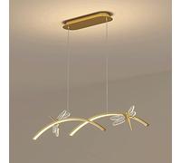 Iron Long Strip Pendant Light, Metal Linear Hanging Lamp with Dragonfly Decorative Lighting Fixtures, LED Dining Room Suspension Lamps, Minimalist Kitchen Island Chandeliers