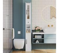 IRONCK Armario de baño alto con cajón y puerta, gabinete de almacenamiento estrecho independiente delgado de 71 pulgadas de alto, con estantes ajustables, barra de papel higiénico retráctil, para