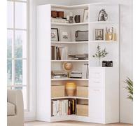IRONCK Estantería esquinera y estantería con 2 cajones y 10 estantes abiertos, 77.8 pulgadas de altura en forma de L, combinación de esquina, para sala de estar, oficina en casa, color blanco moderno