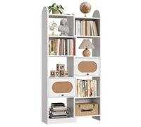 IRONCK Librería y Biblioteca de 6 Niveles con 2 armarios de Almacenamiento con Solapa de ratán, 8 Cubos de Almacenamiento para Sala de Estar, 90 cm, Color Blanco