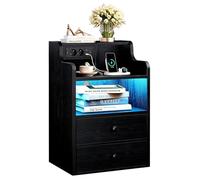 IRONCK Mesita de Noche LED con Enchufe, Mesa Auxiliar con 2 Cajones, Mesita Noche con 2 AC, 1 USB+1 Conector Tipo C, 2 Compartimento Abierto, Mesilla Noche para salón, Dormitorio, 45x30x70cm, Negro