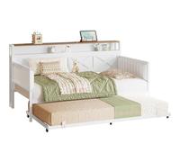 IRONCK Sofá cama con nido, marco de cama individual de metal resistente con marco en forma de X, sofá cama tapizado de granja con estación de carga para sala de estar, dormitorio y habitación de