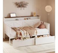 IRONCK Sofá cama de tamaño individual con cajones de almacenamiento, marco de cama de metal resistente con cabecero en forma de X y estación de carga, sofá cama tapizado de granja para sala de estar