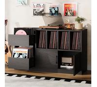 IRONCK Soporte grande para tocadiscos, gabinete de almacenamiento de discos de vinilo con capacidad para más de 600 álbumes, tocadiscos moderno de mediados de siglo con cajones para sala de estar