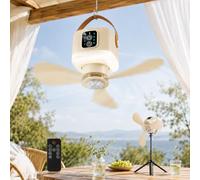 IRONDELIC Ventilador de techo con iluminación para camping, batería de 7200 mAh, 3 en 1, ventilador portátil con mando a distancia, temporizador de 3 niveles, regulable, 24 cm para carpa, autocaravana