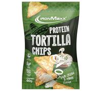 IronMaxx Protein Tortilla Chips - Sour Cream & Onion Bolsa de 60 g | Snack crujiente alto en proteínas de soja y yuca | Rico en fibra y sin gluten | Ideal para una dieta consciente y para llevar