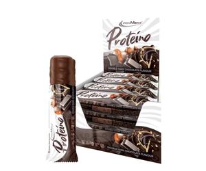 IronMaxx Proteino Protein Bar - Doble Chocolate 12 x 30g | Barrita alta en proteínas con base de barquillo y relleno cremoso | Barrita proteica baja en azúcar sin gluten y sin aceite de palma