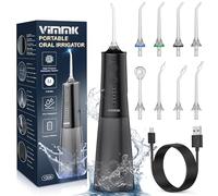 Irrigador Bucal Portatil, Vimmk Irrigador Dental Inalámbrico Profesional 8 Boquillas 5 Modos, IPX7 Impermeable 300ML USB-C Recargable Para Limpieza Dientes, Para el Hogar y los Viajes (Negro)