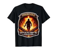 Isaías 43 2 Bombero Oración de Fuego Verso de la Biblia Jesús Cruz Camiseta gráfica económica, Hombre, Negro, S