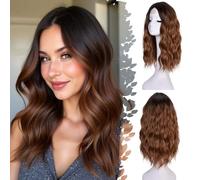 ISAMY Pelucas de 18 pulgadas para las mujeres de la parte media del pelo sintético ondulado peluca para el uso diario (negro a marrón)