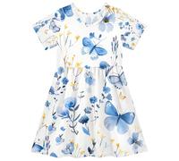 ISAOA Blue Butterfly Flowers and Grass - Vestido de manga corta para niñas, absorbe la humedad, secado rápido, vestido casual acampanado para niños pequeños y niños (2T-8T)
