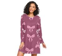 ISAOA Camisones de manga larga para mujer, color blanco, rosa, con patrón de lazos, vestido suave para dormir, tallas S-XXL, Patrón de lazos blancos y rosados, L