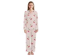 ISAOA Cherry Patterns - Conjunto de pijama de manga larga con botones para mujer, pijama de 2 piezas con bolsillos, Patrones de cereza, M