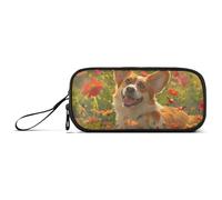 ISAOA Happy Corgi in A Field of Flower - Estuche para lápices de gran capacidad, 3 compartimentos, portátil, grande, para adolescentes, niños, niñas, adultos y estudiantes, Corgi feliz en un campo de