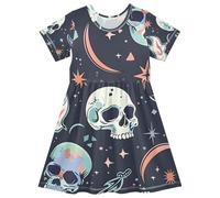ISAOA Magic Space with Skull Stars - Vestido de manga corta para niñas, absorbe la humedad, secado rápido, vestido casual acampanado para niños pequeños y niños (2T-8T), #01, 5-6 años