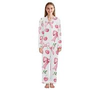 ISAOA Pink Bow Cherry - Conjunto de pijama de manga larga con botones para mujer, pijama de 2 piezas con bolsillos, Cereza con lazo rosa, M