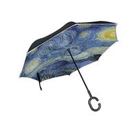ISAOA un Puede Paraguas Resistente al Viento Doble Capa invertido Plegable Paraguas para Lluvia de Coche al Aire Libre Uso, Mango en Forma Paraguas Noche Estrellada de Van Gogh Art Azul